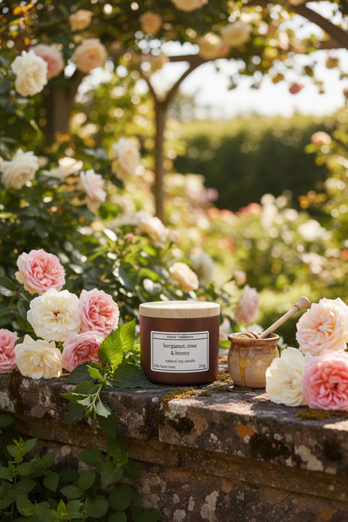 Bergamot Rose Honey Candle Garden Setting