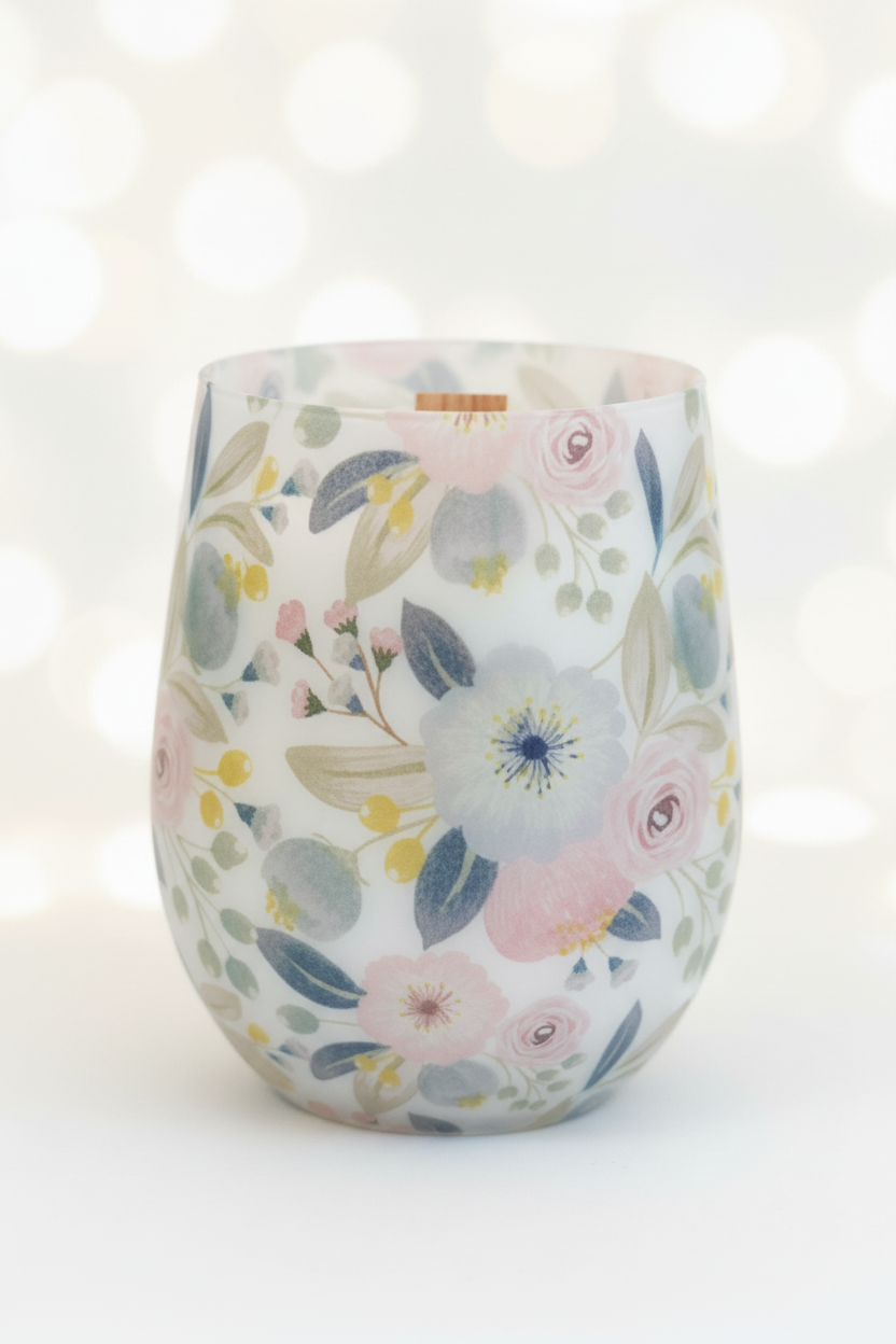 Botanical Watercolour Glass Candle – Pastel Cream Bokeh