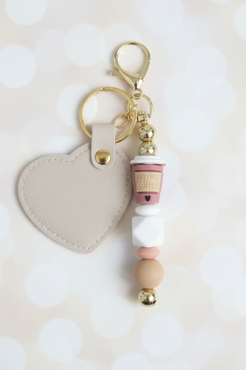 Coffee Cup Heart Keychain – Pastel Cream Bokeh