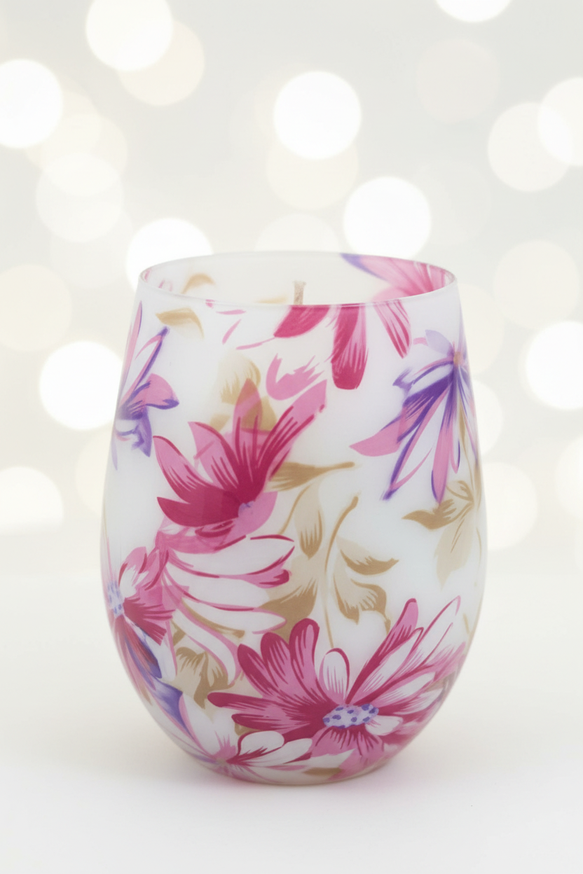 Floral Glass Candle – Pastel Cream Bokeh