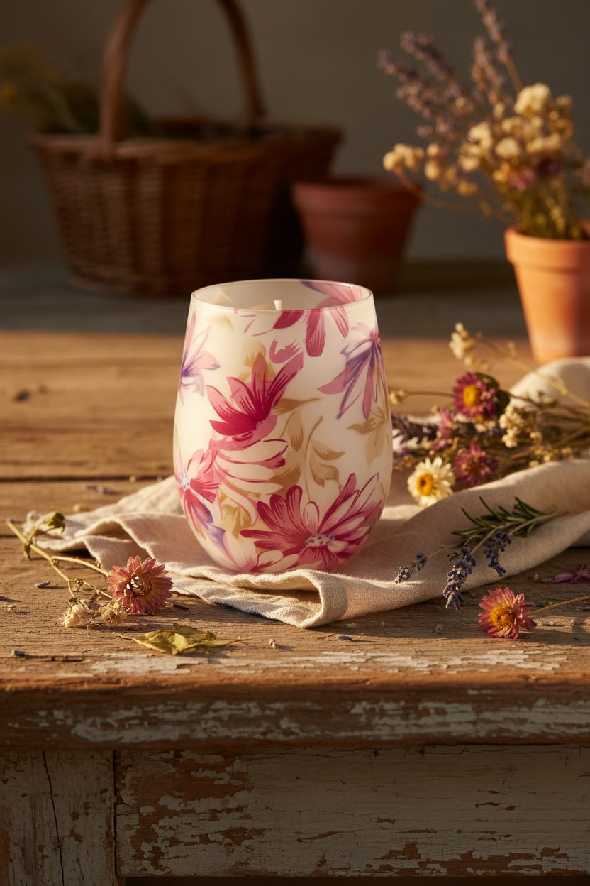Floral Glass Candle – Rustic Countryside