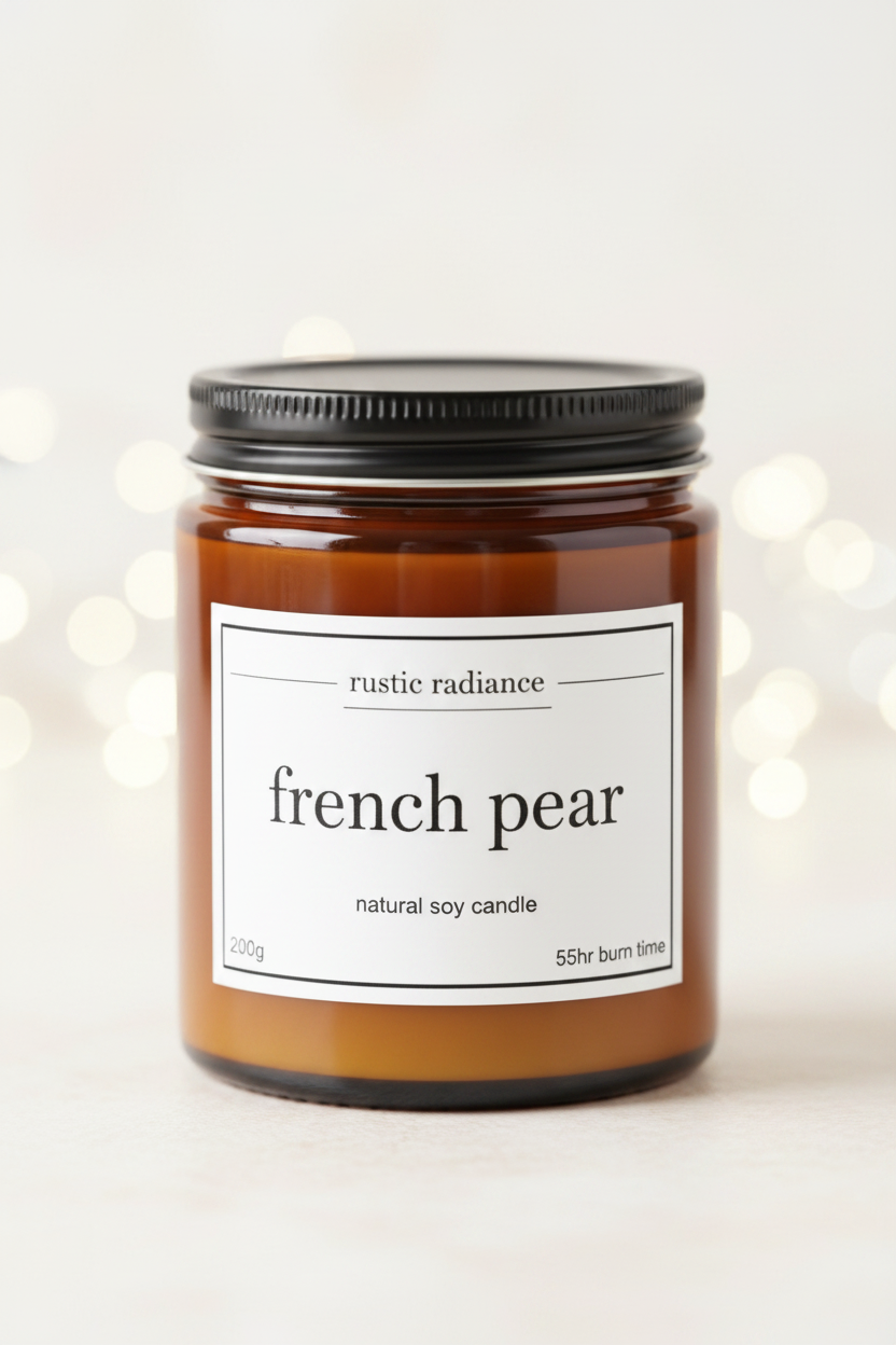 French Pear Amber Jar Candle – Pastel Cream Bokeh