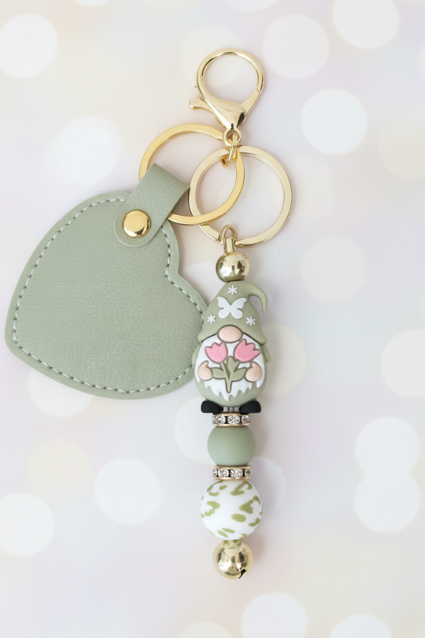 Gnome Tulip Heart Keychain – Pastel Cream Bokeh