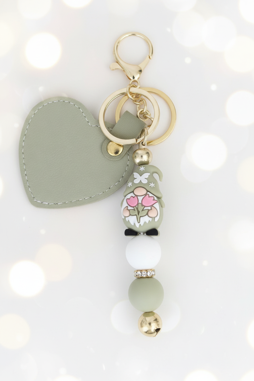 Gnome Tulip Heart Keychain v2 – Pastel Cream Bokeh