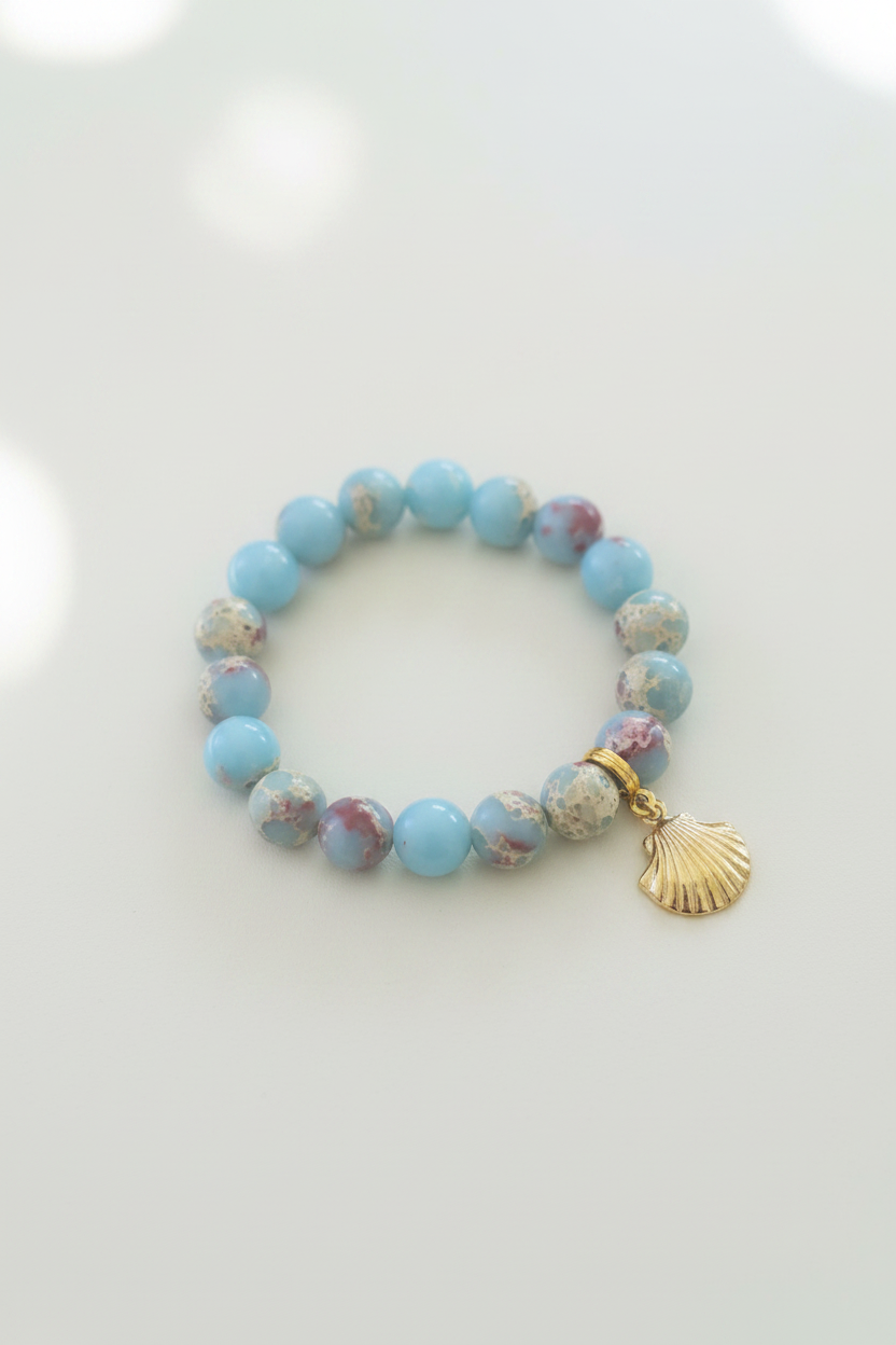 Gold Seashell Bracelet Sky Blue – Studio Product Shot