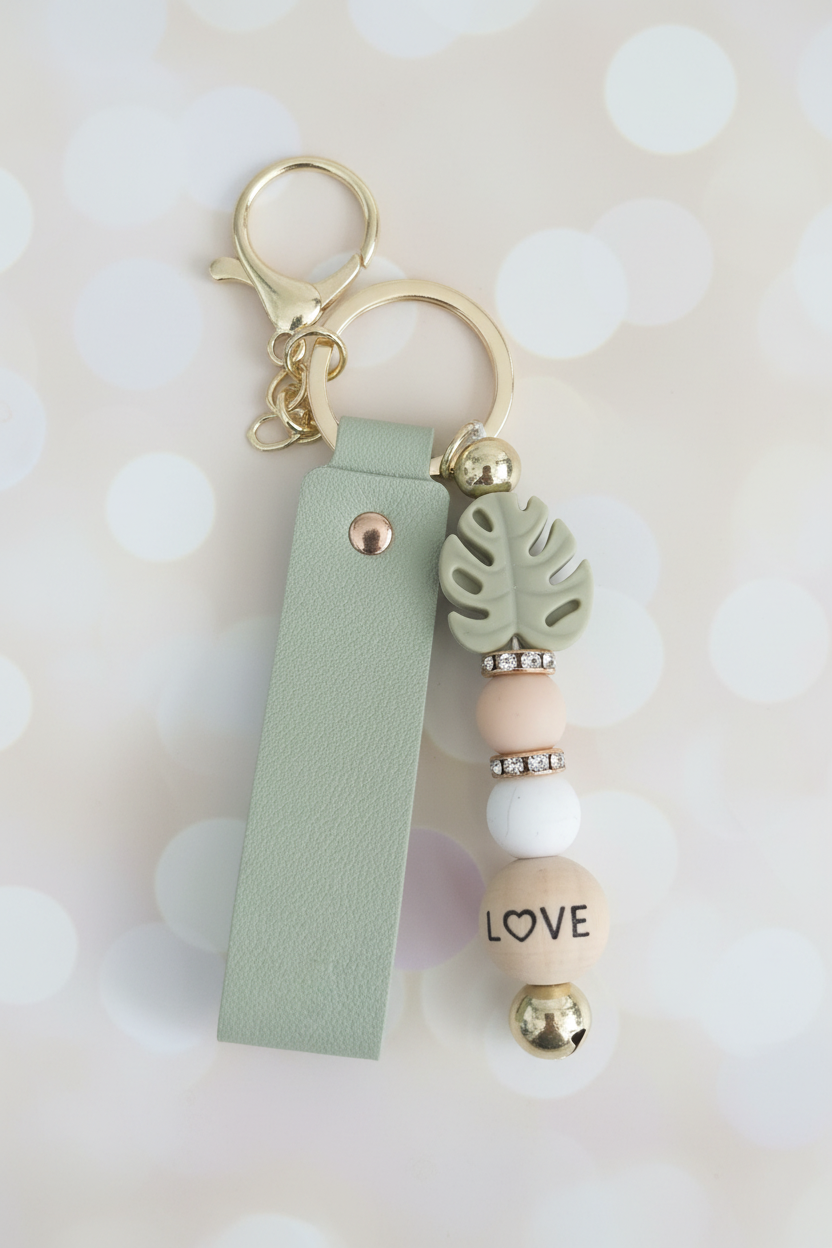 Monstera LOVE Keychain – Pastel Cream Bokeh