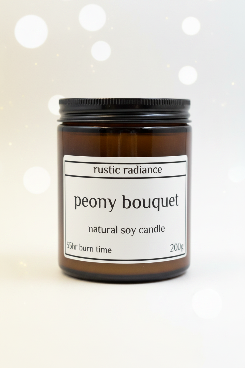 Peony Bouquet Amber Jar Candle – Pastel Cream Bokeh