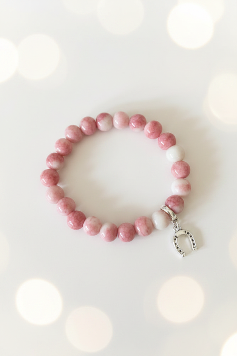 Rose Pink Horseshoe Charm Bracelet – Pastel Cream Bokeh