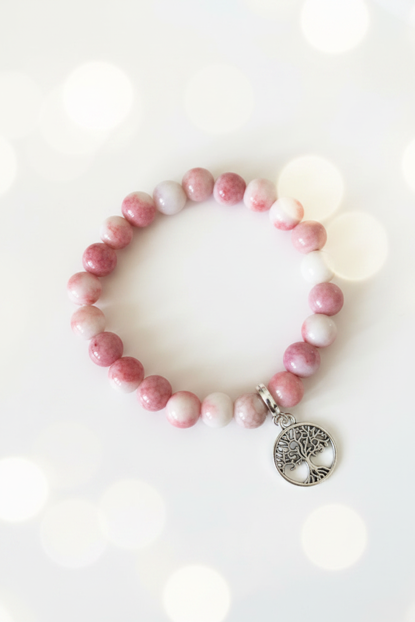 Rose Pink Tree of Life Bracelet – Pastel Cream Bokeh