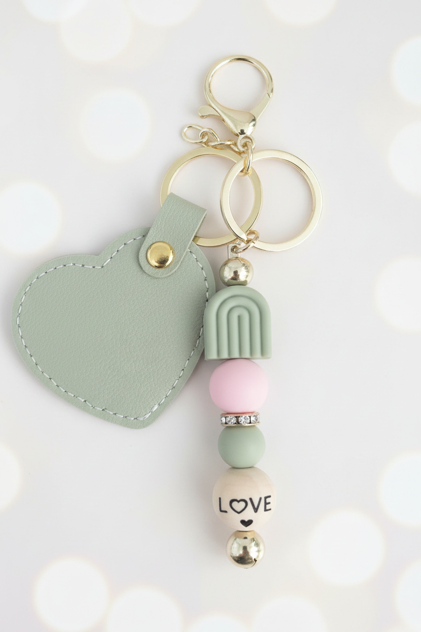 Sage Rainbow LOVE Heart Keychain – Pastel Cream Bokeh