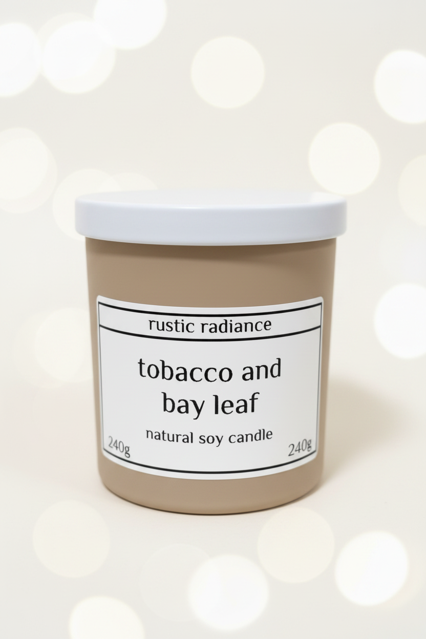 Tobacco & Bay Leaf Tin Candle – Pastel Cream Bokeh