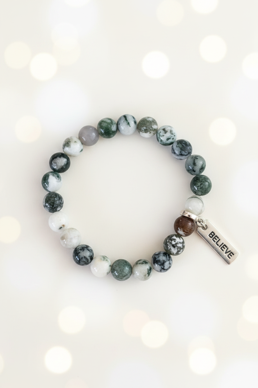 Tree Agate BELIEVE Bracelet – Pastel Cream Bokeh