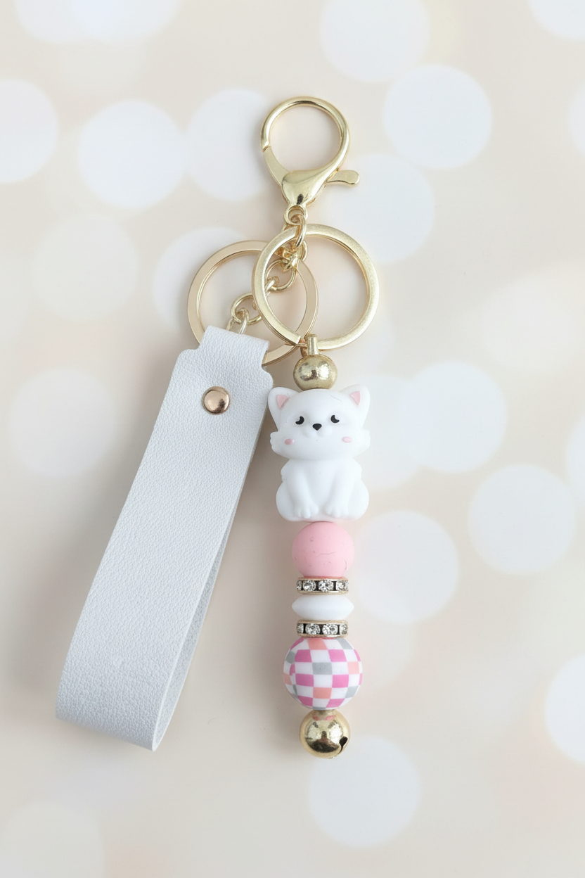 White Cat Keychain – Pastel Cream Bokeh