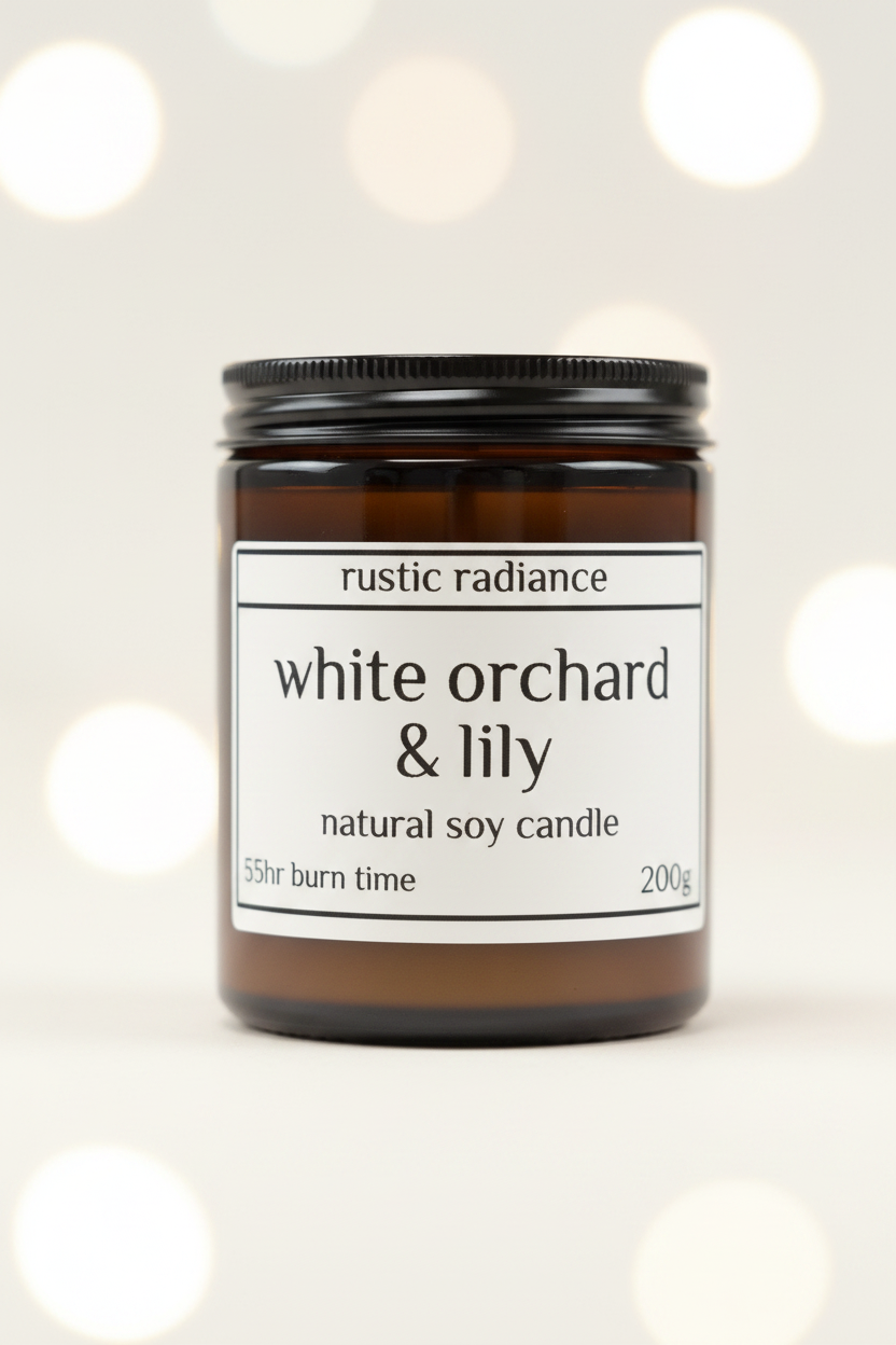 White Orchard & Lily Amber Jar Candle – Pastel Cream Bokeh