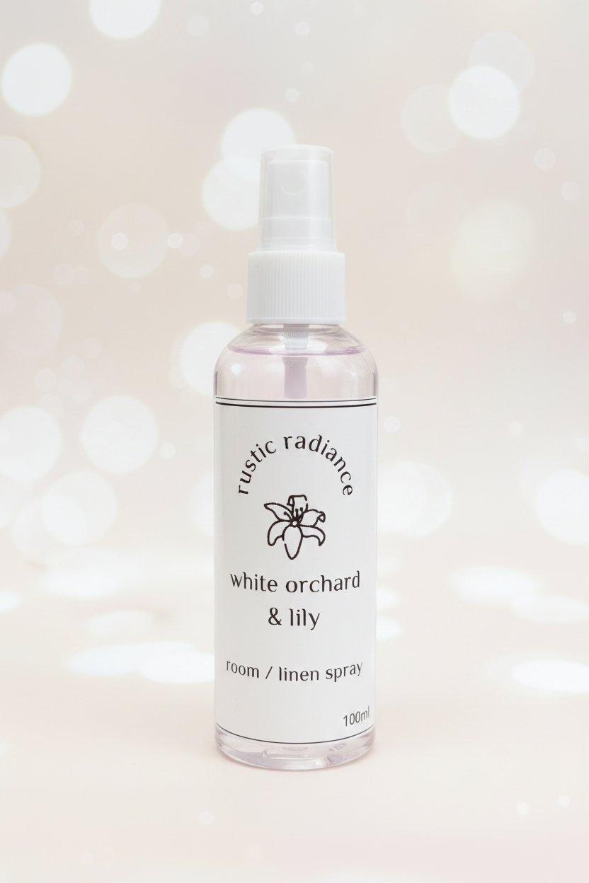 White Orchard & Lily Room Spray – Pastel Cream Bokeh